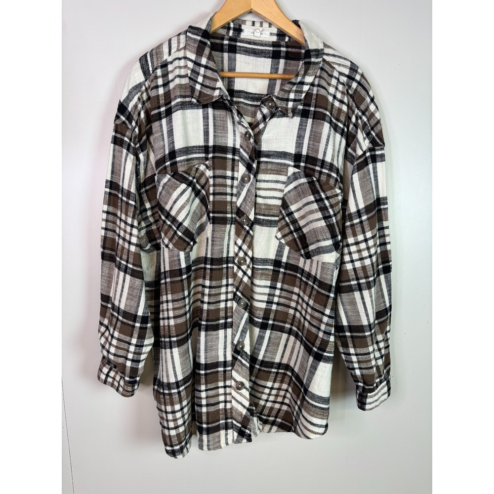 Maurices Top Women's 3X Brown Black Cream Plaid Flannel Shirt Button-Front